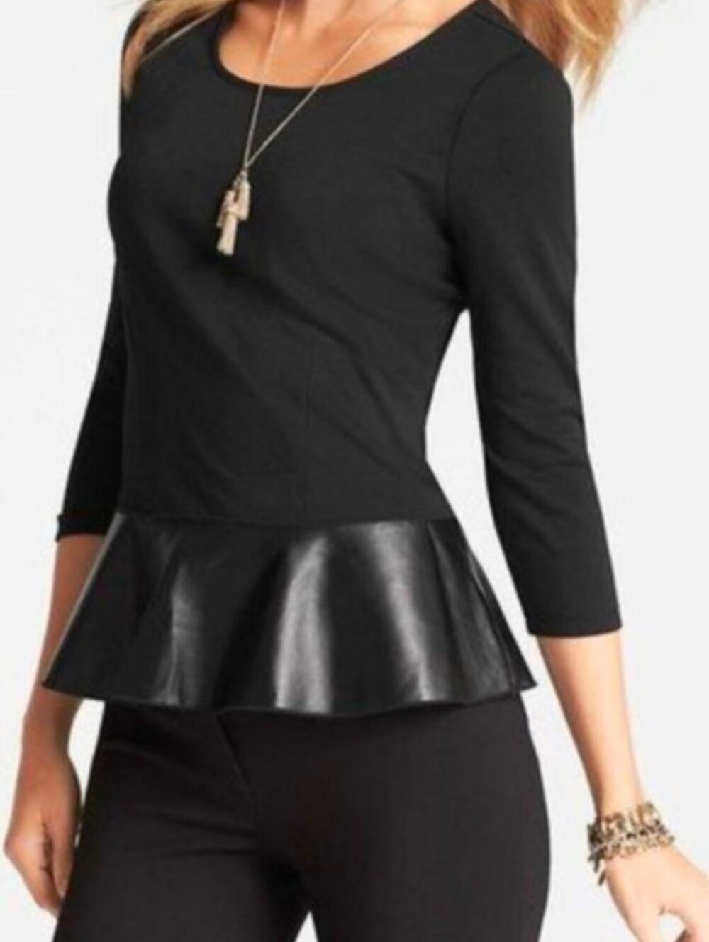 Ann Taylor Black Bodice With Flared Faux Leather Peplum Hem, Size XS